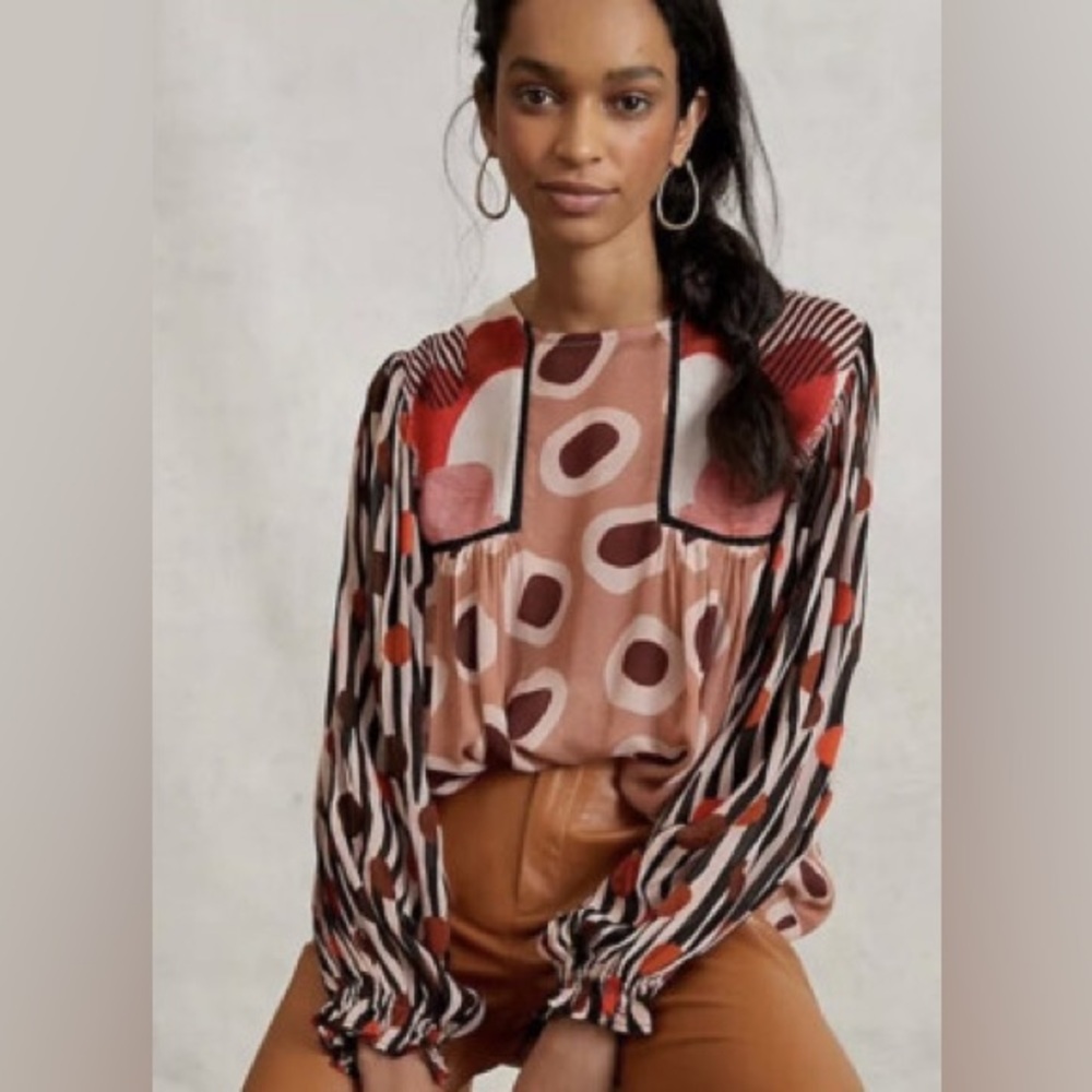 Geometric Print Long-Sleeve Blouse in Rust Multi